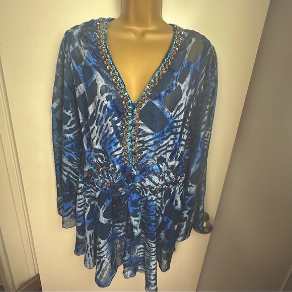 Ashro Blue Velvet Rose Beaded Sequin Tie Y2K Vintage Whimsy-Goth Fairy Top 14 - Picture 1 of 16